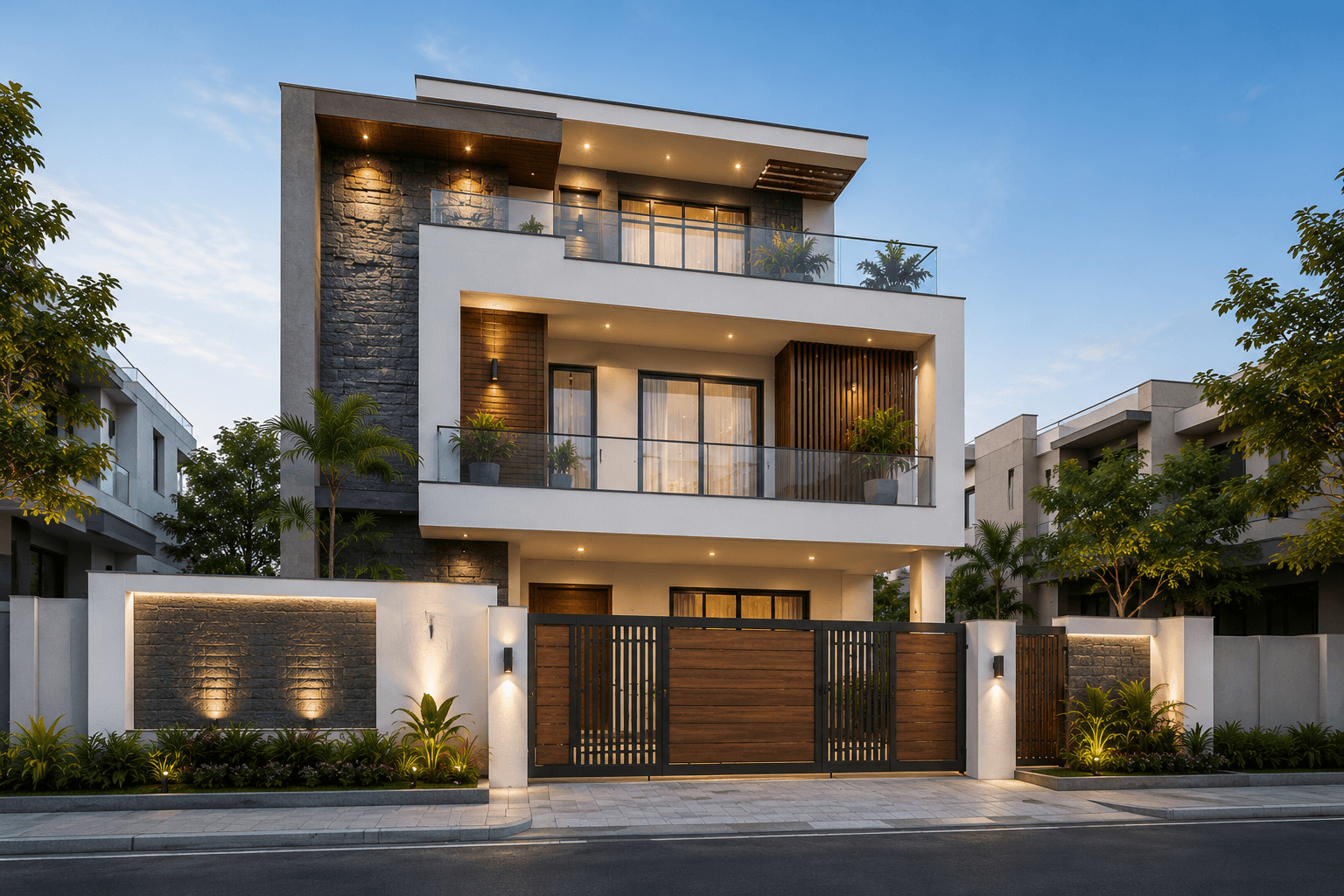 Modern Grey Stone G+2 House Design with Floating Balconies