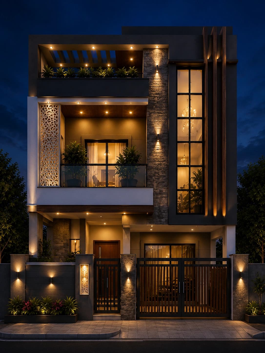 Modern Grey & White G+2 House Design - Night View