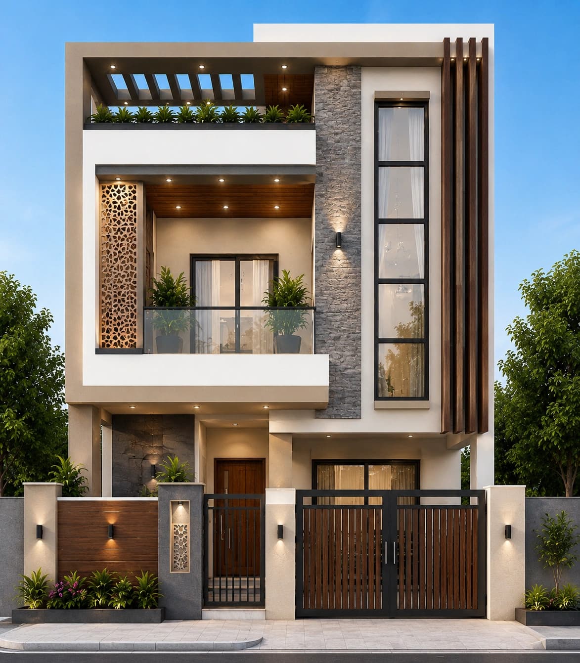 Modern Grey & White G+2 House Design - Alternate Facade