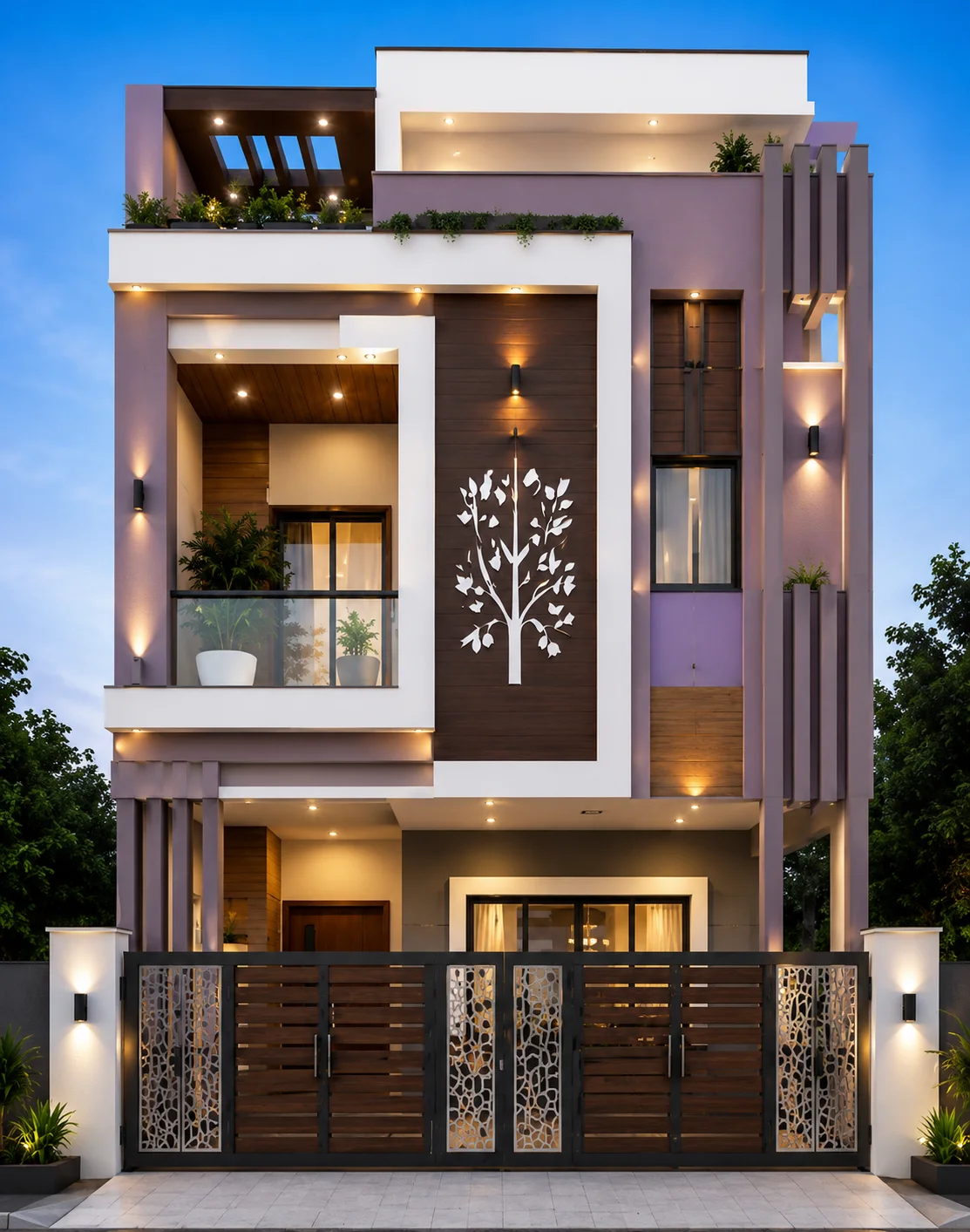 Modern Lavender & White G+2 House Design