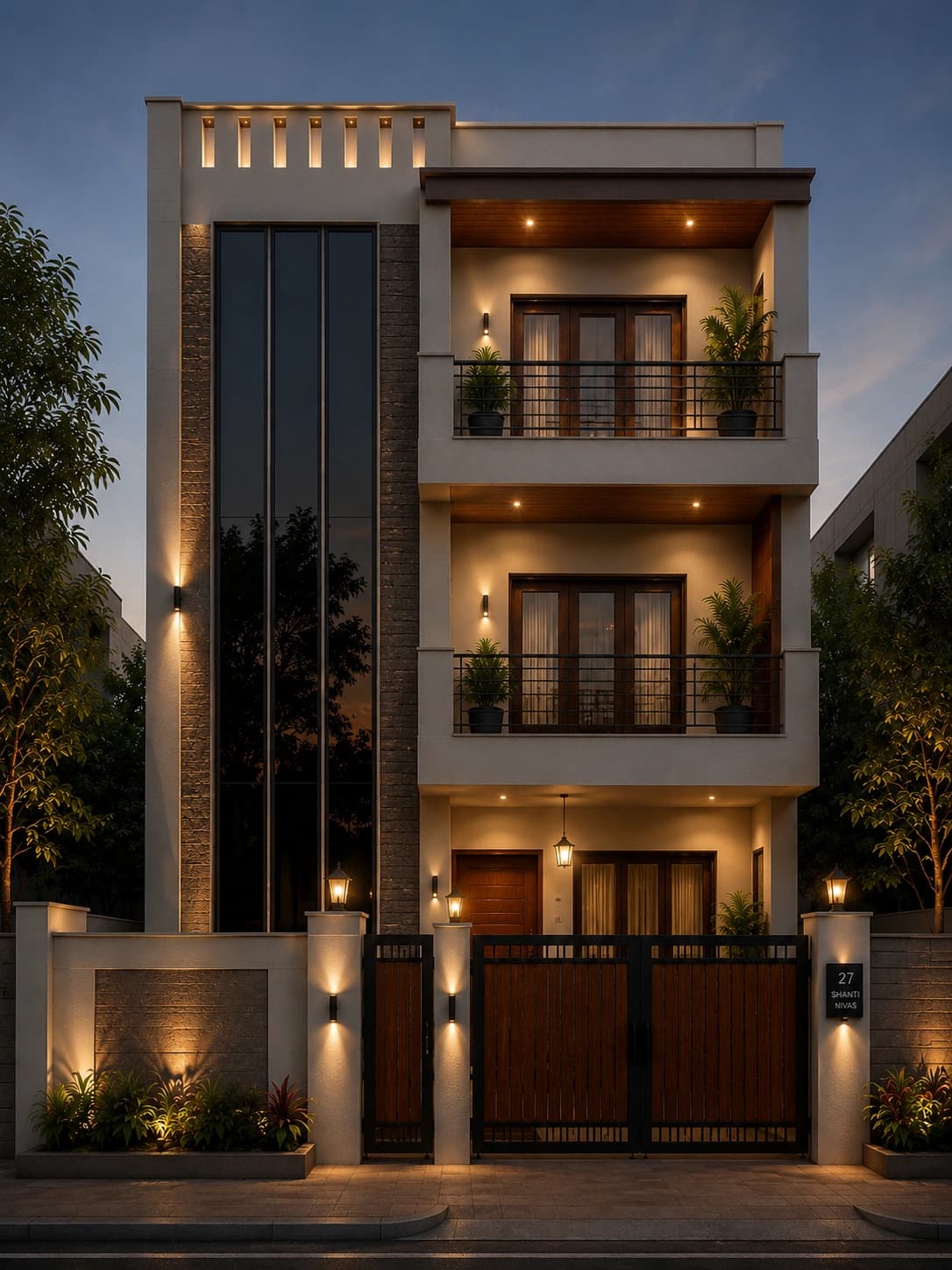 Modern Minimal Beige G+2 House Design - Night View