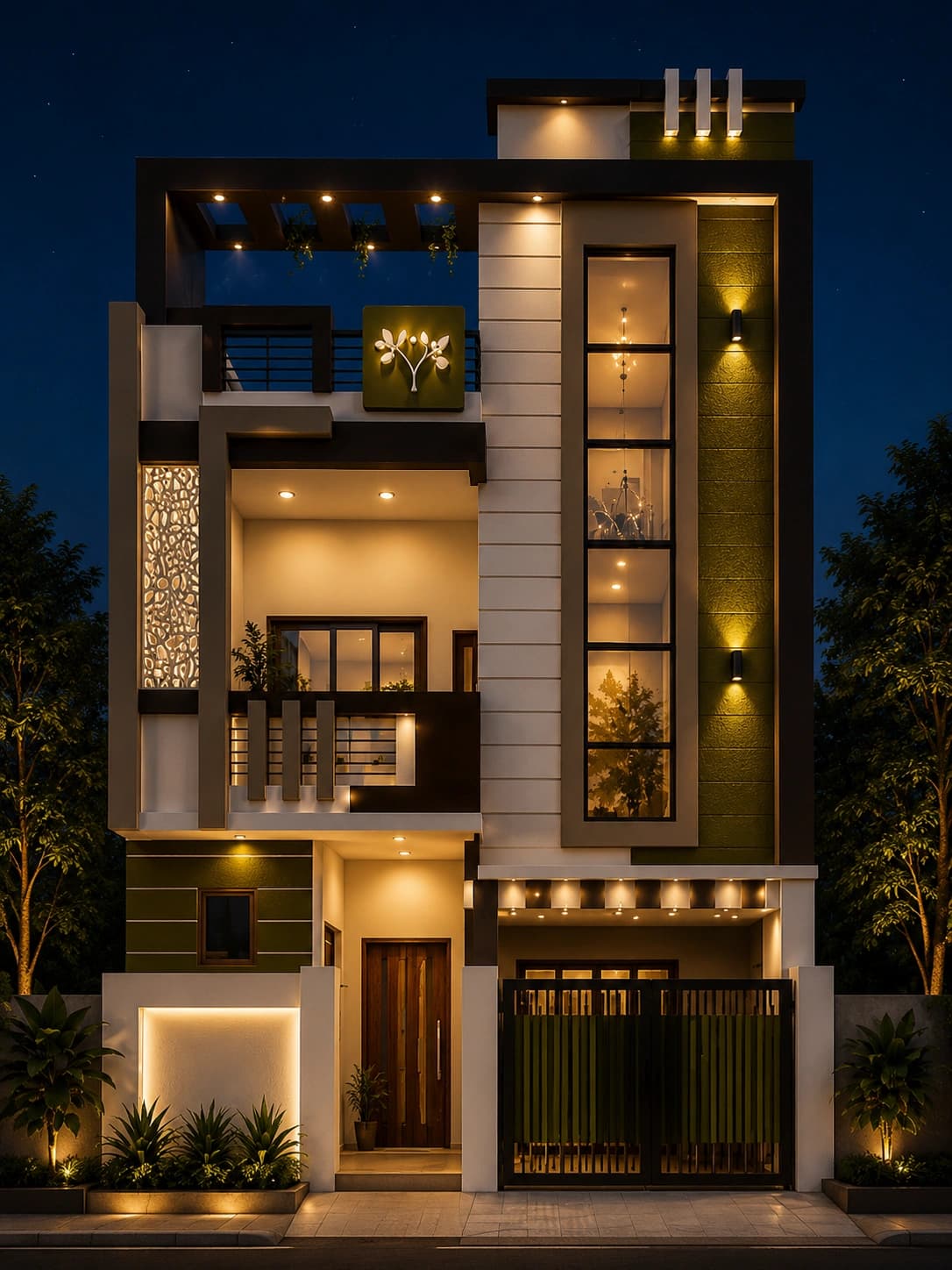 Modern Olive & White G+2 House Design - Night View