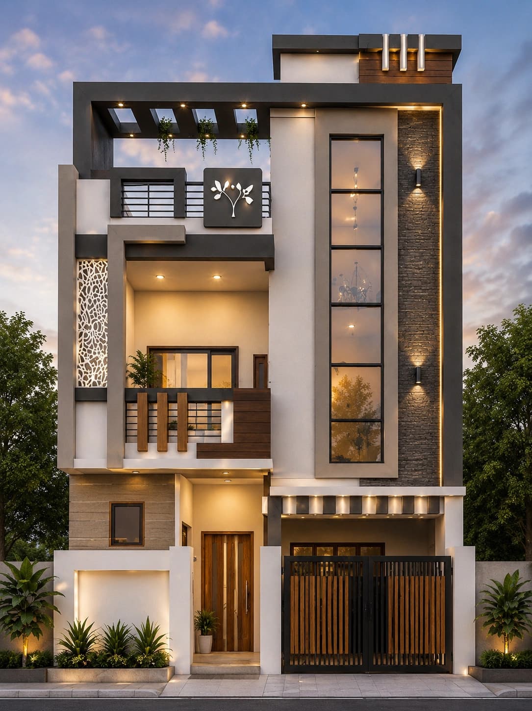 Modern Olive & White G+2 House Design - Alternate Facade