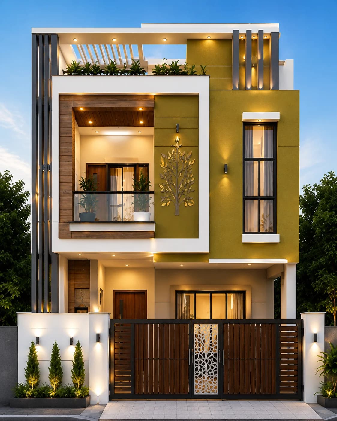 Modern Olive & Wood G+2 House Design