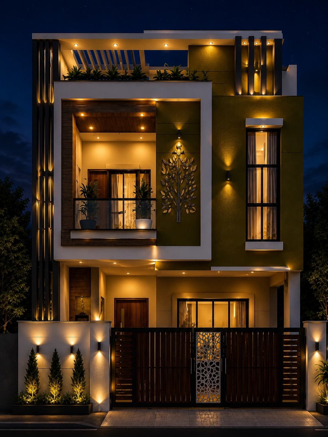 Modern Olive & Wood G+2 House Design - Night View
