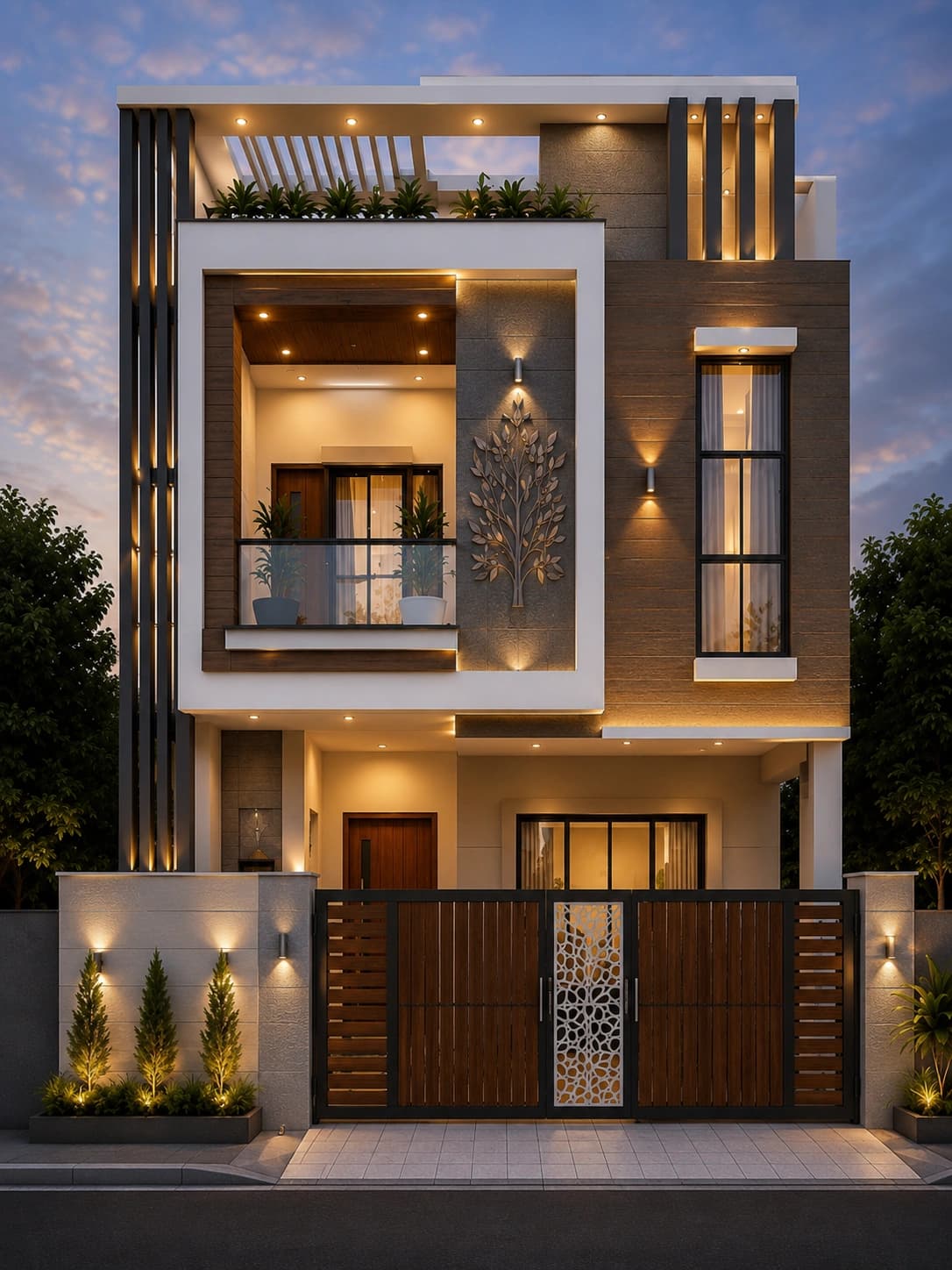 Modern Olive & Wood G+2 House Design - Alternate Facade