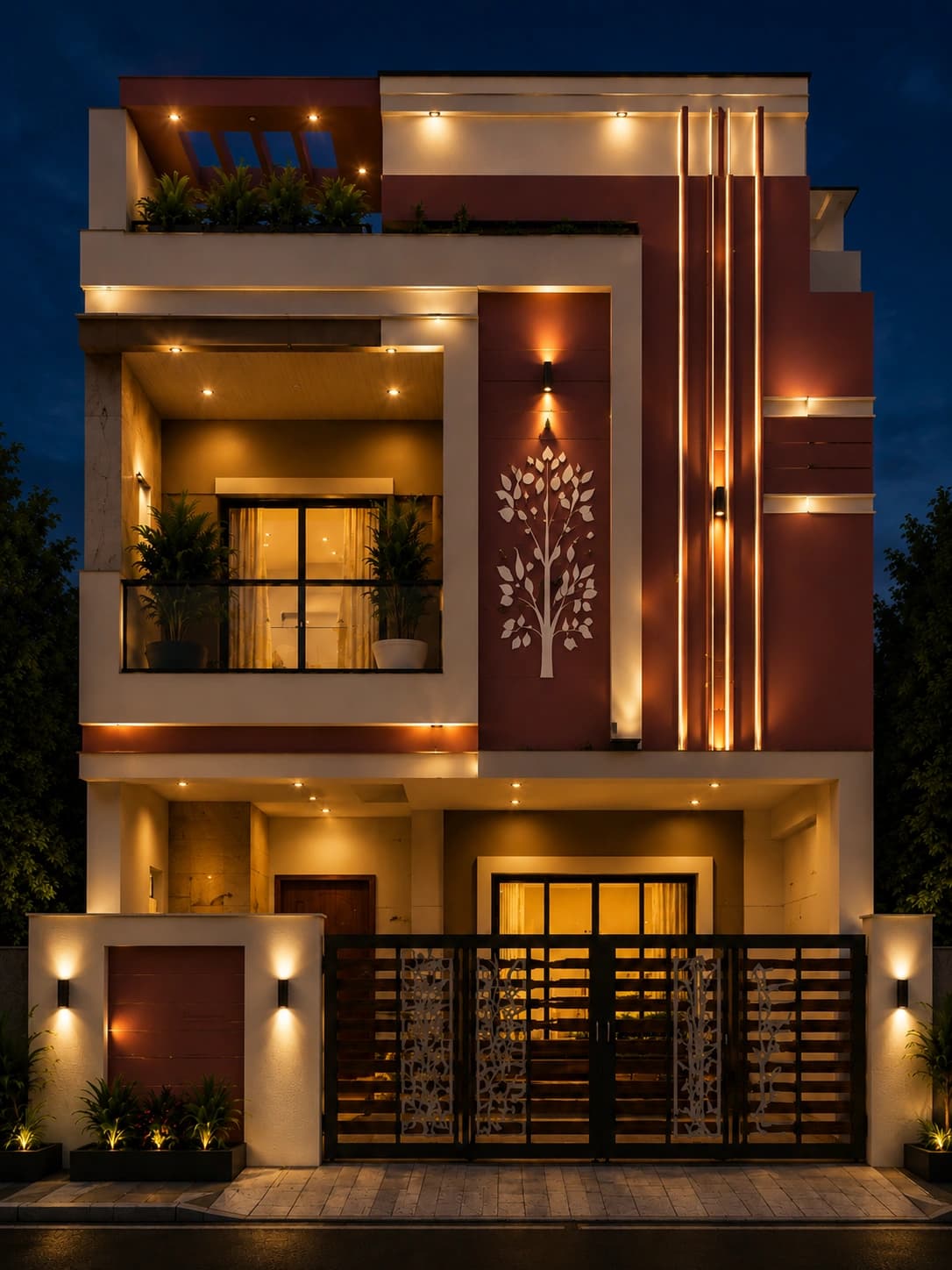 Modern Pink & White G+2 House Design - Night View