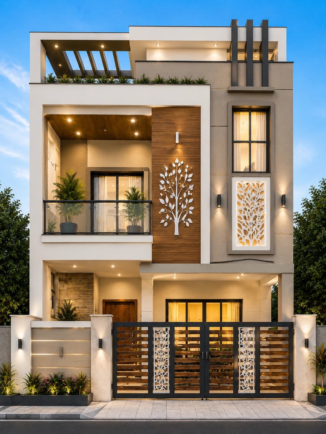 Modern Pink & White G+2 House Design - Alternate Facade
