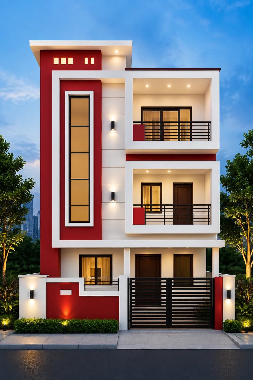 Modern Red & White G+2 House Design