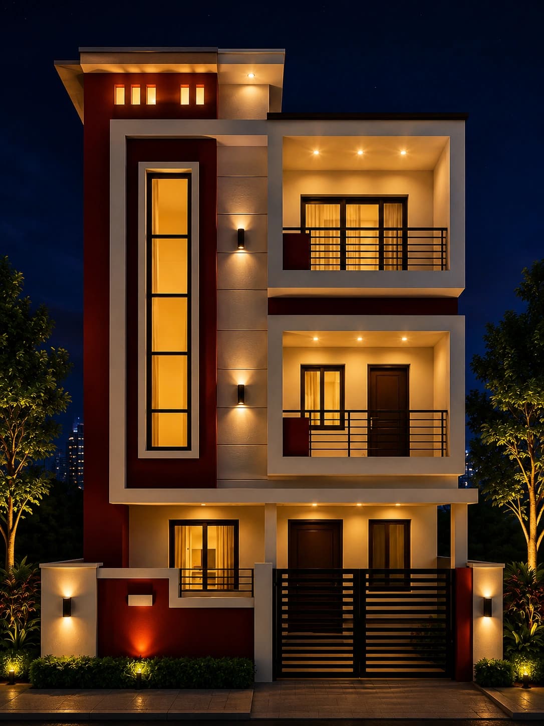 Modern Red & White G+2 House Design - Night View