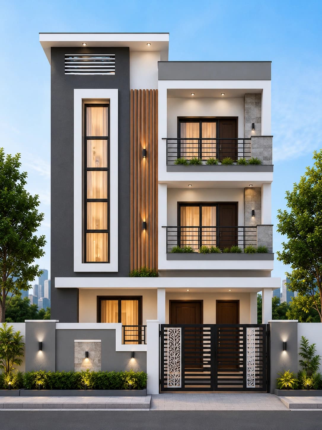 Modern Red & White G+2 House Design - Alternate Facade