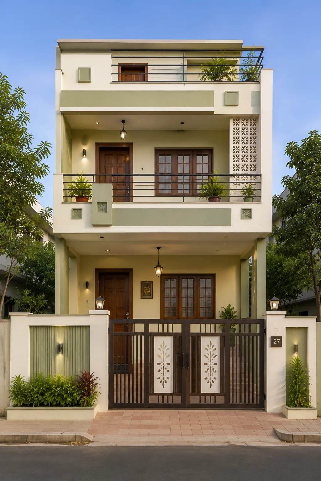 Modern Sage Green G+2 House Design