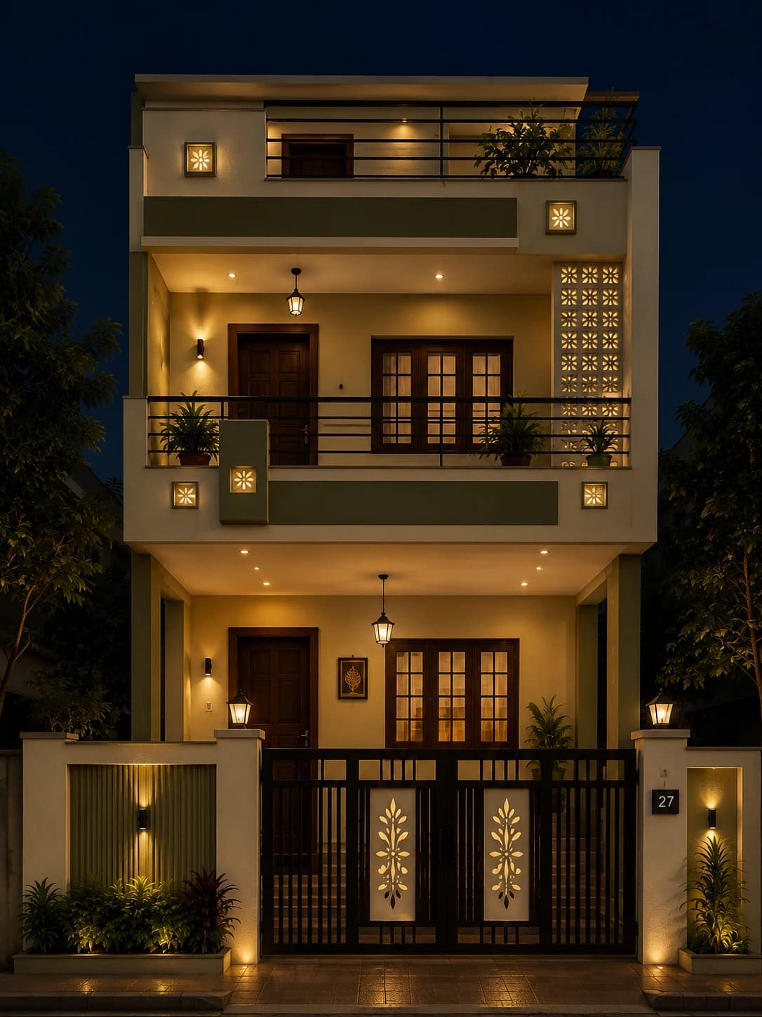 Modern Sage Green G+2 House Design - Night View