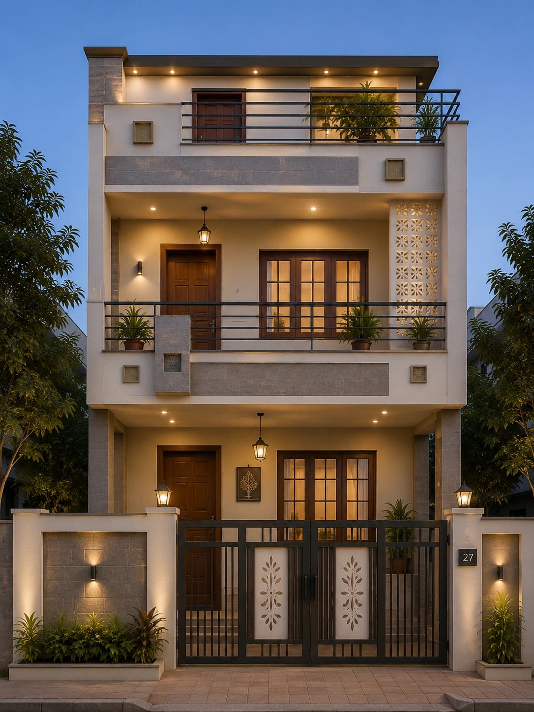 Modern Sage Green G+2 House Design - Alternate Facade