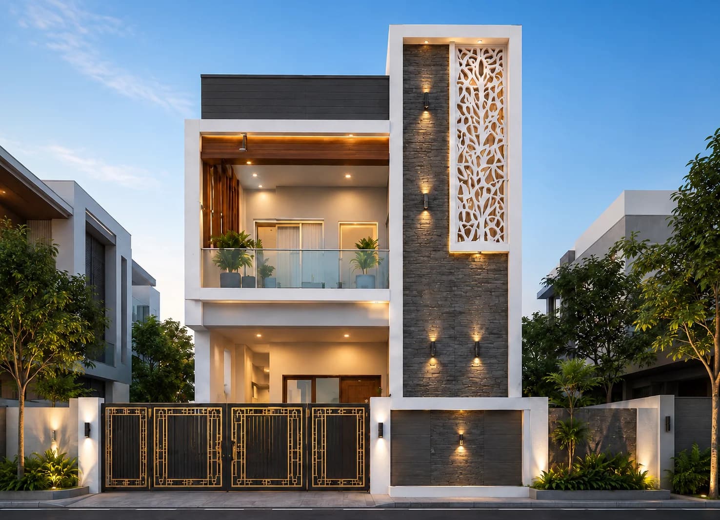 Modern Stone & White G+2 House Design