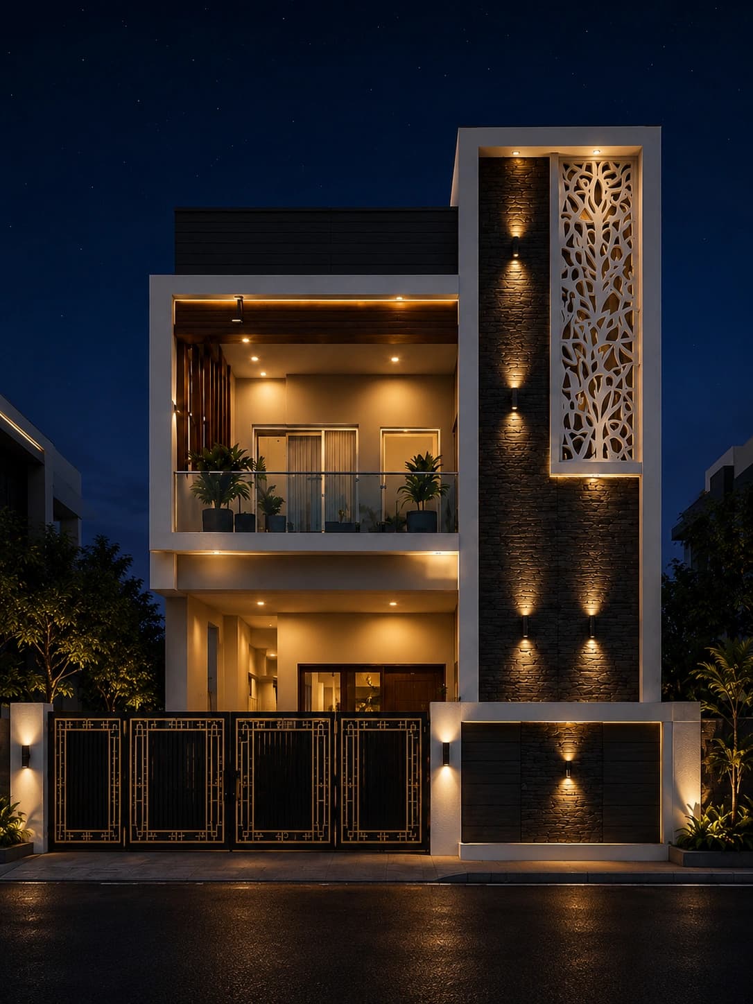 Modern Stone & White G+2 House Design - Night View