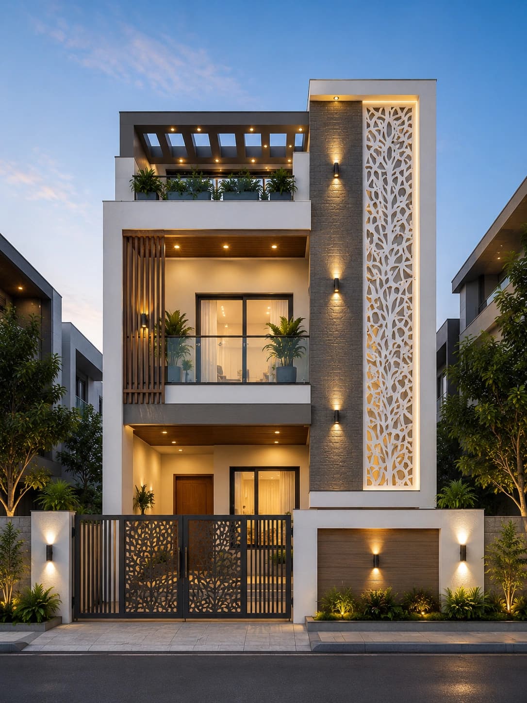 Modern Stone & White G+2 House Design - Alternate Facade