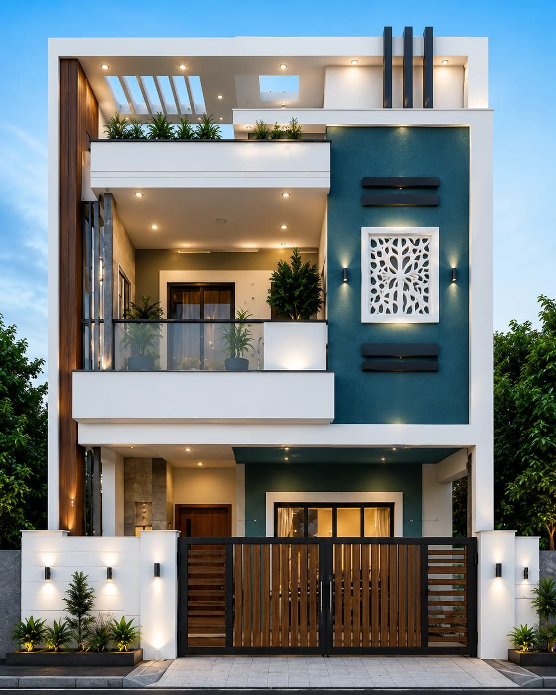 Modern Teal & White G+2 House Design