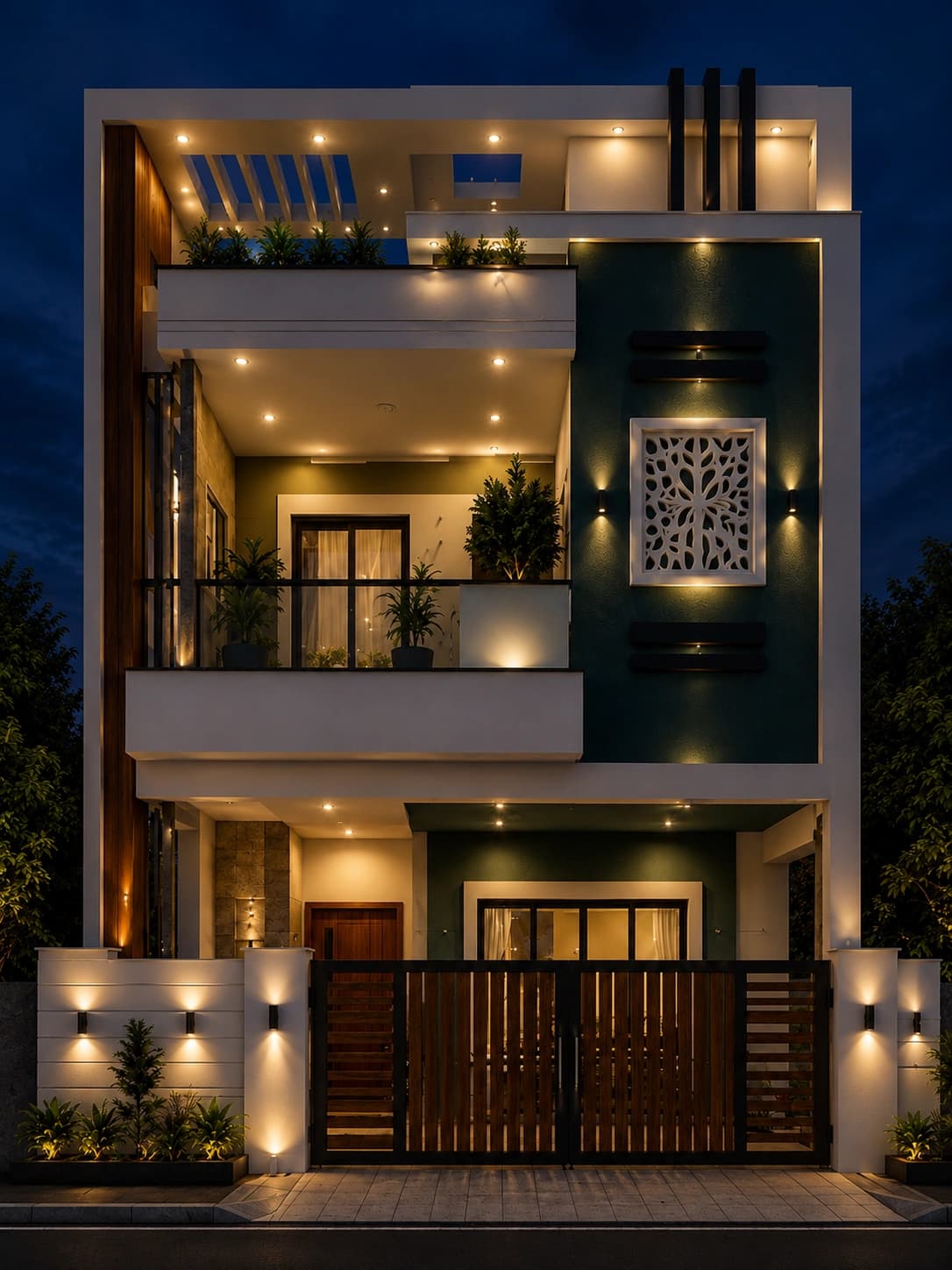 Modern Teal & White G+2 House Design - Night View
