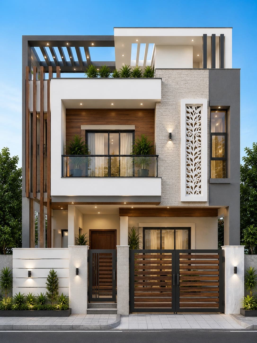 Modern Teal & White G+2 House Design - Alternate Facade