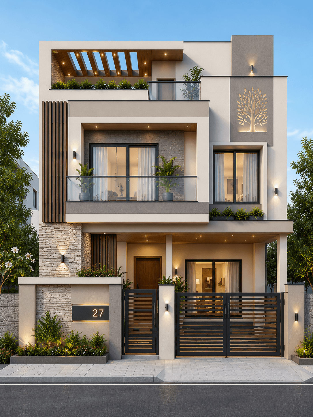 Modern White G+2 House Design with Rooftop Pergola